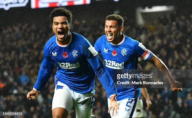 Malik Tillman of Rangers celebrates with James Taveriner of Rangers after scoring the opening goal of the game during the Cinch Scottish Premiership...