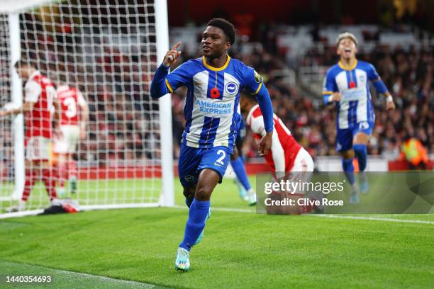 Tariq Lamptey of Brighton & Hove Albion celebrates after scoring their team's third goal during the Carabao Cup Third Round match between Arsenal and...