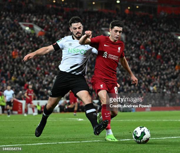 Layton Stewart of Liverpool during the Carabao Cup Third Round match between Liverpool and Derby County at Anfield on November 09, 2022 in Liverpool,...