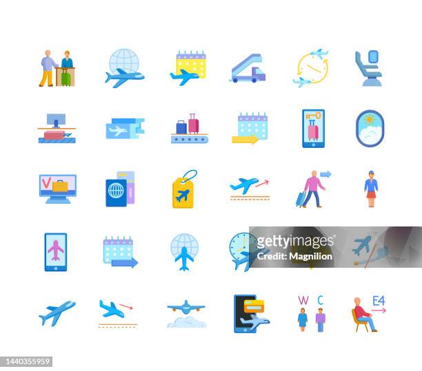 airport flat icons set - metal detector security stock illustrations