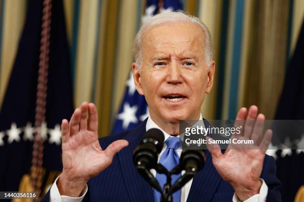 President Joe Biden delivers remarks in the State Dining Room, at the White House on November 09, 2022 in Washington, DC. President Biden spoke about...