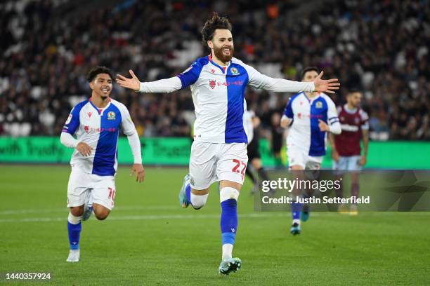 Ben Brereton Diaz of Blackburn Rovers celebrates after scoring their team's second goal during the Carabao Cup Third Round match between West Ham...