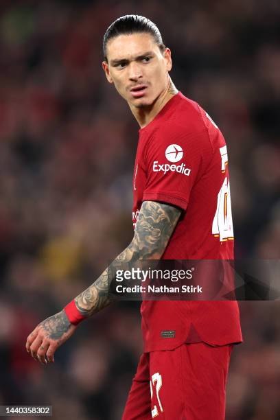 Darwin Nunez of Liverpool reacts during the Carabao Cup Third Round match between Liverpool and Derby County at Anfield on November 09, 2022 in...