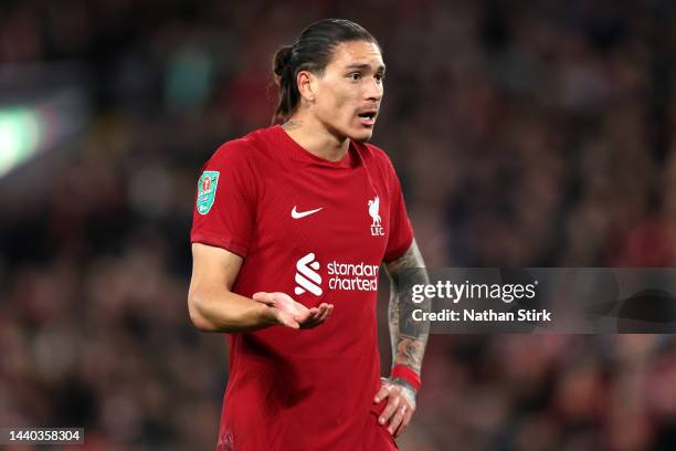 Darwin Nunez of Liverpool reacts during the Carabao Cup Third Round match between Liverpool and Derby County at Anfield on November 09, 2022 in...