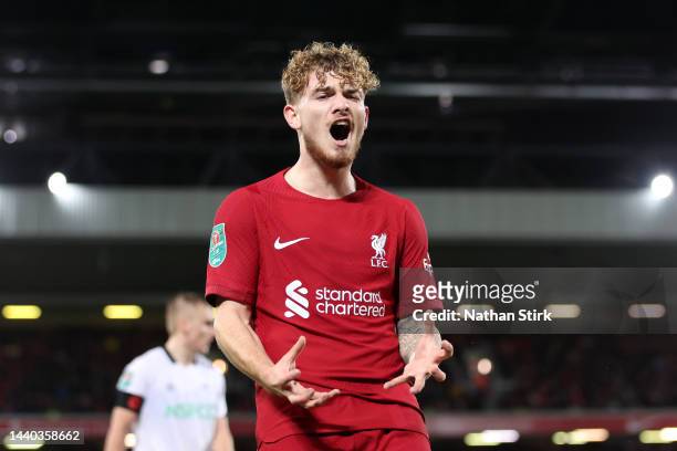 Harvey Elliott of Liverpool reacts during the Carabao Cup Third Round match between Liverpool and Derby County at Anfield on November 09, 2022 in...