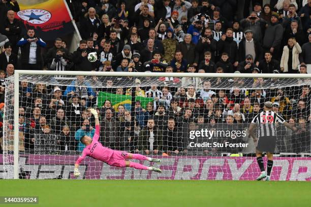 Bruno Guimaraes of Newcastle United misses their sides penalty during a penalty shoot out during the Carabao Cup Third Round match between Newcastle...