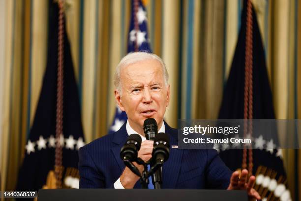 President Joe Biden takes questions from reporters, after he delivered remarks in the State Dining Room, at the White House on November 09, 2022 in...