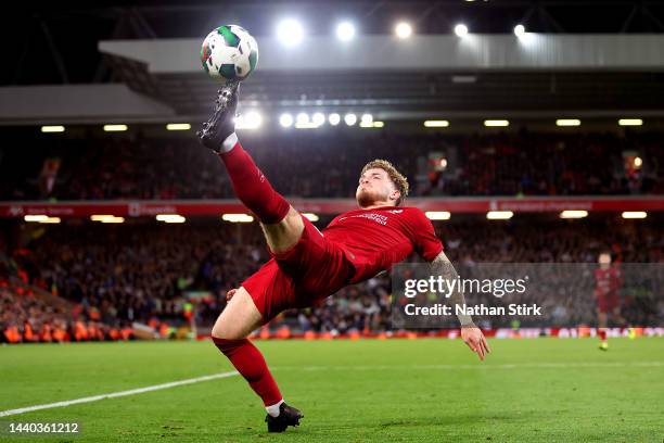Harvey Elliott of Liverpool controls the ball during the Carabao Cup Third Round match between Liverpool and Derby County at Anfield on November 09,...