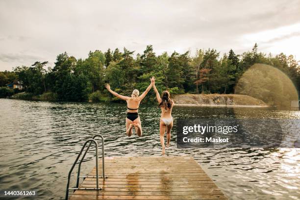 rear view of female friends wearing bikini while jumping in lake during vacation - simma bildbanksfoton och bilder