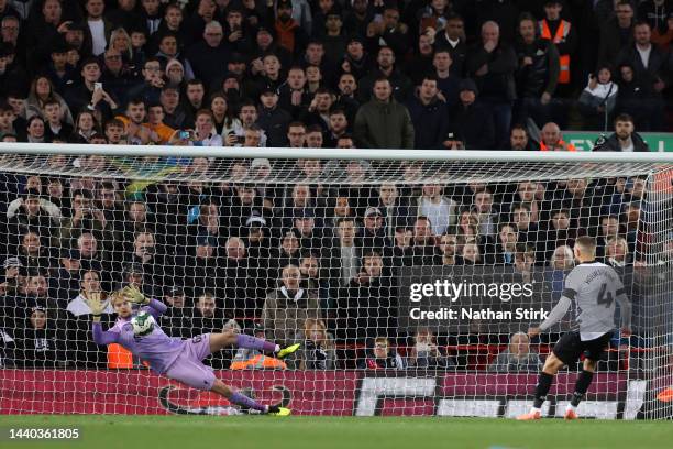 Conor Hourihane of Derby County has their penalty saved by Caoimhin Kelleher of Liverpool during a penalty shoot out during the Carabao Cup Third...