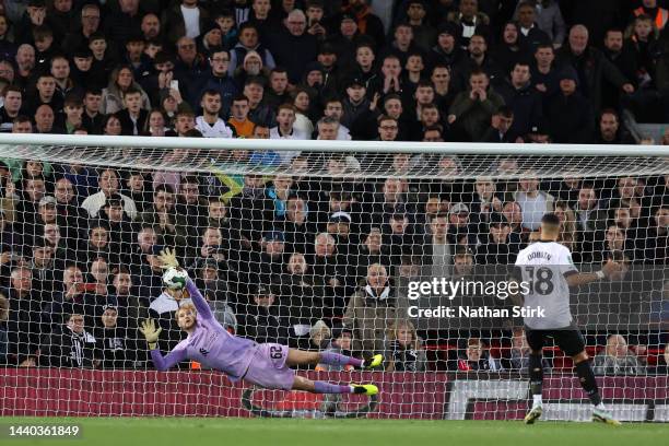 Lewis Dobbin of Derby County has their penalty saved by Caoimhin Kelleher of Liverpool during a penalty shoot out during the Carabao Cup Third Round...