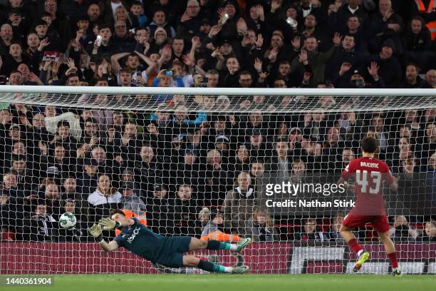 Stefan Bajcetic of Liverpool has their penalty saved by Joe Wildsmith of Derby County during a penalty shoot out during the Carabao Cup Third Round...