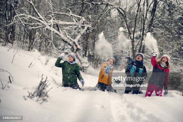 vater wandert mit teenagern in einem schönen winterwald. - schneeball stock-fotos und bilder