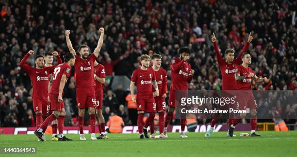 Liverpool players celebrate winning over derby county in the Carabao Cup Third Round match between Liverpool and Derby County at Anfield on November...