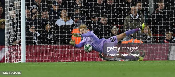 Caoimhin Kelleher of Liverpool saves the day for liverpool in the Carabao Cup Third Round match between Liverpool and Derby County at Anfield on...