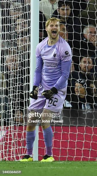 Caoimhin Kelleher of Liverpool saves the day during the Carabao Cup Third Round match between Liverpool and Derby County at Anfield on November 09,...