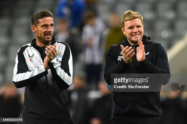 Jason Tindall, Assistant Manager of Newcastle United and Eddie Howe, Manager of Newcastle United applaud fans after the Carabao Cup Third Round match...