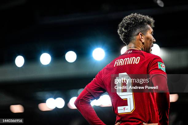 Roberto Firmino of Liverpool during the Carabao Cup Third Round match between Liverpool and Derby County at Anfield on November 09, 2022 in...