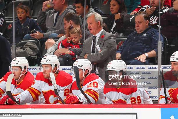 Darryl Sutter head coach of the Calgary Flames during the game against the New Jersey Devils on November 8, 2022 at the Prudential Center in Newark,...