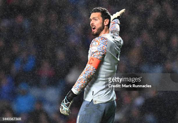 Hearts goal keeper Craig Gordon gestures during the Cinch Scottish Premiership match between Rangers FC and Heart of Midlothian at on November 09,...
