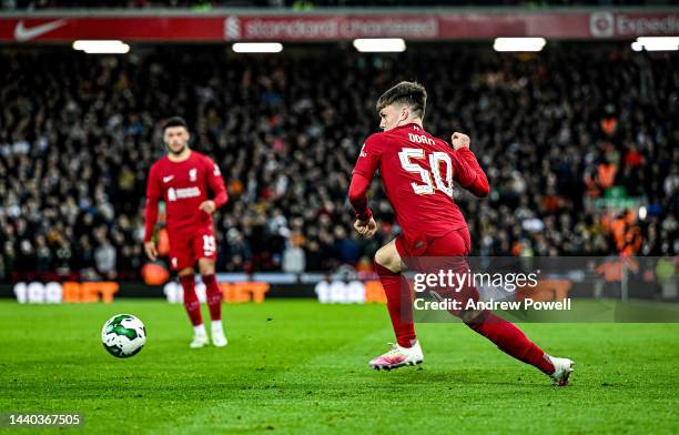 Ben Doak of Liverpool during the Carabao Cup Third Round match between Liverpool and Derby County at Anfield on November 09, 2022 in Liverpool,...