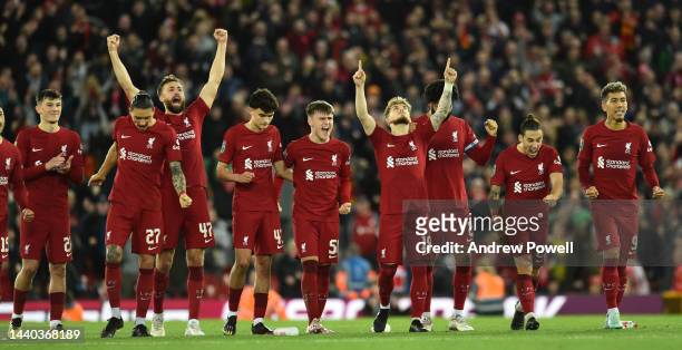 Liverpool Team Celebrate there win in the Carabao Cup Third Round match between Liverpool and Derby County at Anfield on November 09, 2022 in...