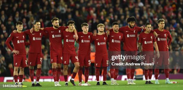 Liverpool Team Celebrate there win in the Carabao Cup Third Round match between Liverpool and Derby County at Anfield on November 09, 2022 in...