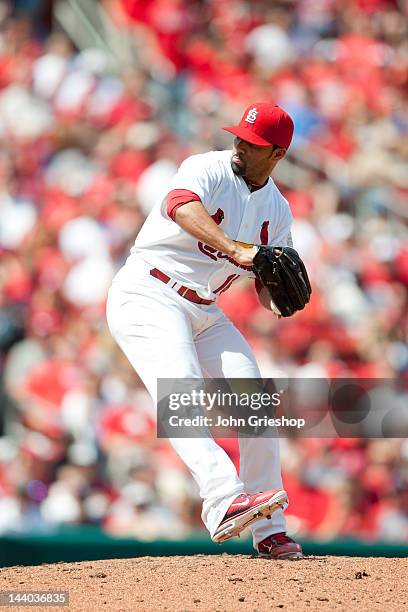 Romero of the St. Louis Cardinals delivers the pitch during the game against the Cincinnati Reds on Thursday, April 19, 2012 at Busch Stadium in St....