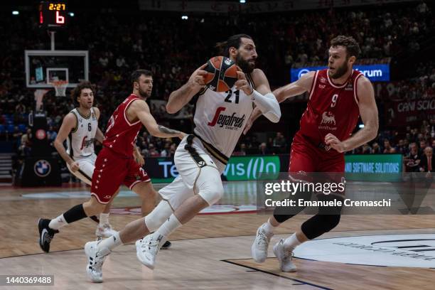 Tornike Shengelia, #21 of Virtus Segafredo Bologna, dribbles during the 2022/2023 Turkish Airlines EuroLeague Regular Season Round 7 match between...