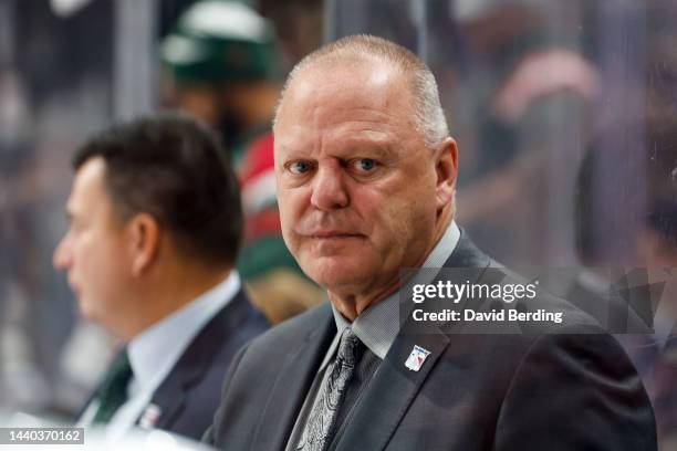 Head coach Gerard Gallant of the New York Rangers looks on against the Minnesota Wild in the third period of the game at Xcel Energy Center on...