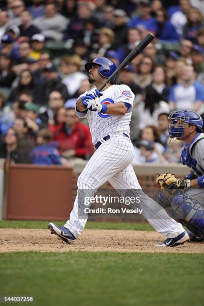 Geovany Soto of the Chicago Cubs bats against the Los Angeles Dodgers on May 4, 2012 at Wrigley Field in Chicago, Illinois. The Cubs defeated the...