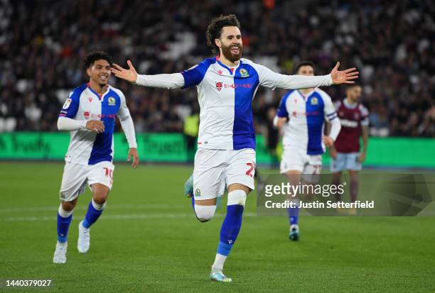 Ben Brereton Diaz of Blackburn Rovers celebrates after scoring their team's second goal during the Carabao Cup Third Round match between West Ham...