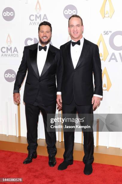 Luke Bryan and Peyton Manning attend The 56th Annual CMA Awards at Bridgestone Arena on November 09, 2022 in Nashville, Tennessee.