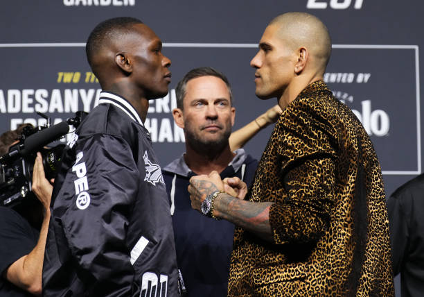 Opponents Israel Adesanya of Nigeria and Alex Pereira of Brazil face off during the UFC 281 press conference at Madison Square Garden on November 09,...