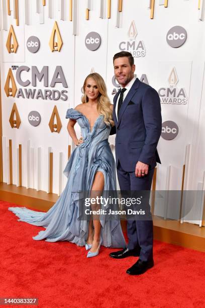 Carrie Underwood and Mike Fisher attend The 56th Annual CMA Awards at Bridgestone Arena on November 09, 2022 in Nashville, Tennessee.