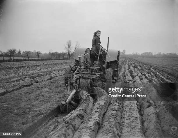 Peggy Ayres, a member of the Women's Land Army , giving a demonstration of her ploughing skills at a press call in Hertfordshire, England, 12th March...
