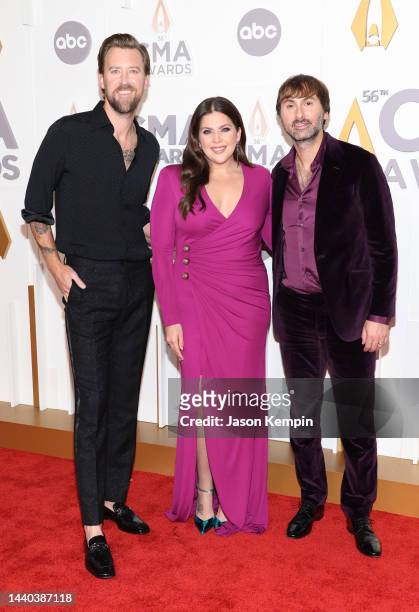 Charles Kelley, Hillary Scott and Dave Haywood of Lady A attend The 56th Annual CMA Awards at Bridgestone Arena on November 09, 2022 in Nashville,...