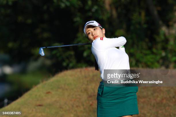 Ayano Yasuda of Japan hits her tee shot on the 2nd hole during the first round of the Yamaguchi Shunan Ladies Cup at Shunan Country Club on November...