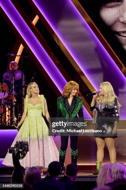 Carrie Underwood, Reba McEntire and Miranda Lambert perform onstage at The 56th Annual CMA Awards at Bridgestone Arena on November 09, 2022 in...