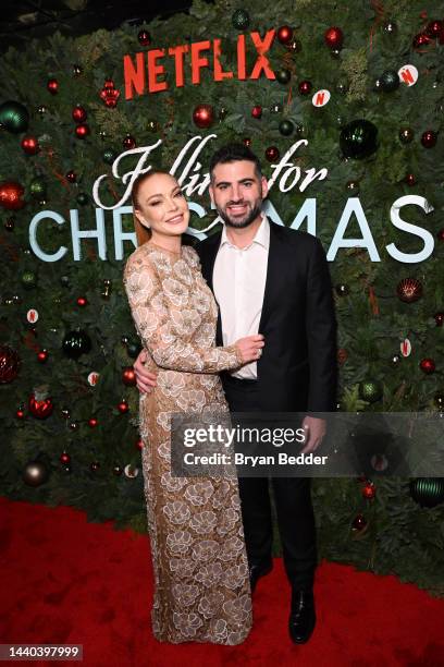 Lindsay Lohan and Bader Shammas attend Netflix’s Falling For Christmas Celebratory Holiday Fan Screening with Cast & Crew on November 9, 2022 in New...