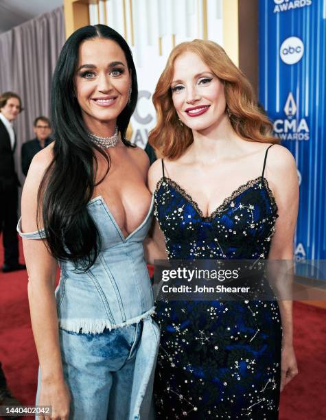 Katy Perry and Jessica Chastain attend the 56th Annual Country Music Association Awards at Bridgestone Arena on November 09, 2022 in Nashville,...