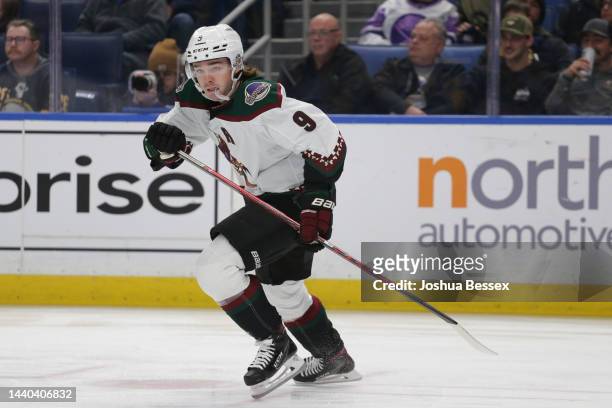 Clayton Keller of the Arizona Coyotes skates during the first period of an NHL hockey game against the Buffalo Sabres at KeyBank Center on November...