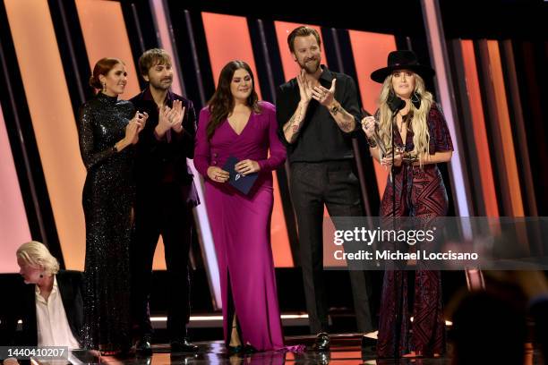 Lainey Wilson accepts the New Artist of the Year award onstage at The 56th Annual CMA Awards at Bridgestone Arena on November 09, 2022 in Nashville,...