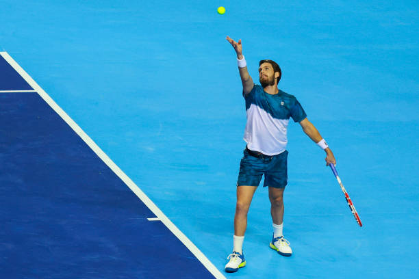 Cameron Norrie serves during an exhibition game between Nick Kyrgios and Cameron Norrie at Arena Ciudad de Mexico on November 9, 2022 in Mexico City,...