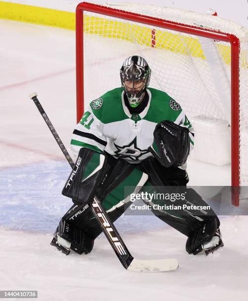 Goaltender Scott Wedgewood of the Dallas Stars in action during the NHL game at Mullett Arena on November 03, 2022 in Tempe, Arizona. The Stars...