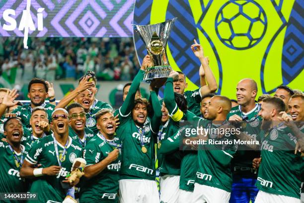 Gustavo Scarpa and Gustavo Gomez of Palmeiras lift the champions trophy after the match between Palmeiras and America MG as part of Brasileirao...