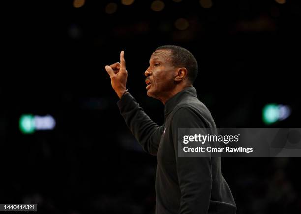 Head coach Dwane Casey of the Detroit Pistons reacts during the fourth quarter of the game against the Boston Celtics at TD Garden on November 09,...