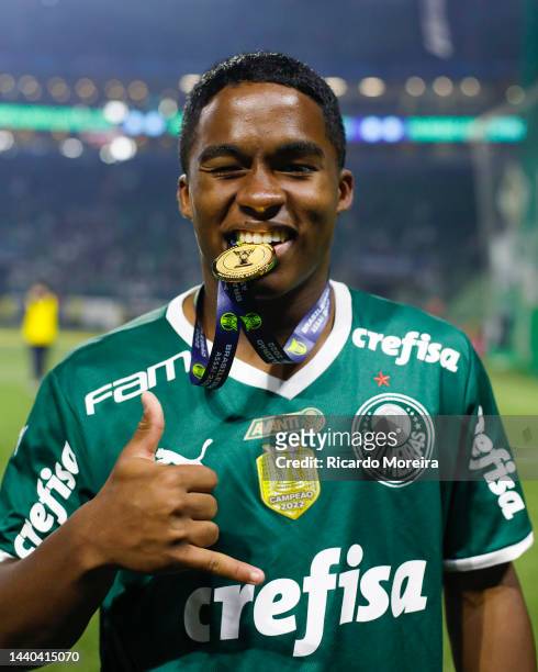 Endrick of Palmeiras celebrates the championship after the match between Palmeiras and America MG as part of Brasileirao Series A 2022 at Allianz...