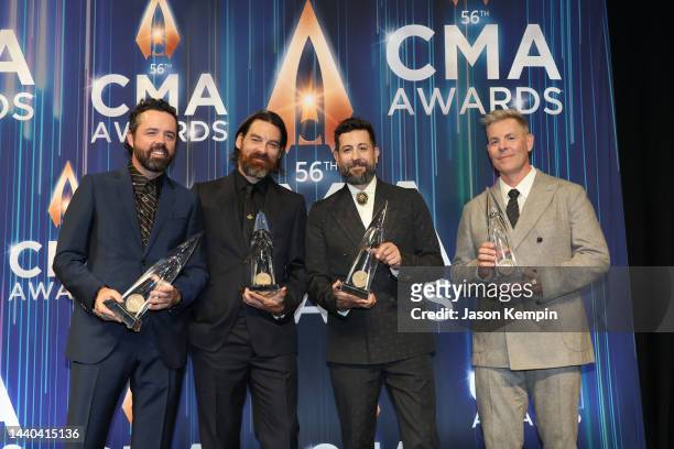 Vocal Group of the Year winners Geoff Sprung, Brad Tursi, Matthew Ramsey, and Trevor Rosen of Old Dominion pose in the press room during The 56th...
