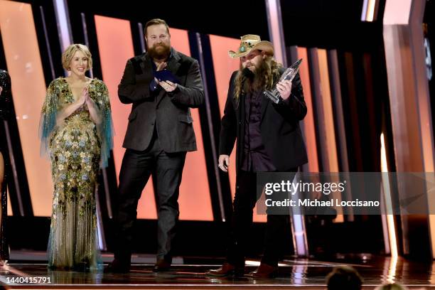 Chris Stapleton accepts the Male Vocalist of the Year award onstage at The 56th Annual CMA Awards at Bridgestone Arena on November 09, 2022 in...